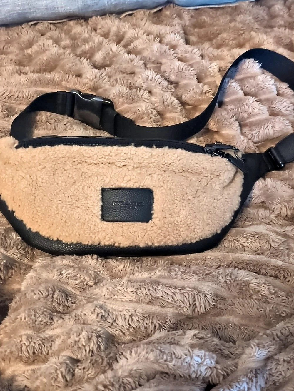 Coach Shearling and Pebbled Leather Belt Bag Brown & Black